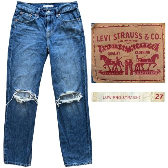 Levis Low Pro Straight Jeans Medium Wash Distressed Size 27 Trendy Baggy Mom - Picture 1 of 7